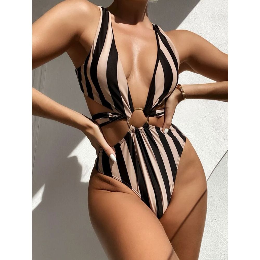 Womens striped cut-out ring linked one piece swimwear - large
